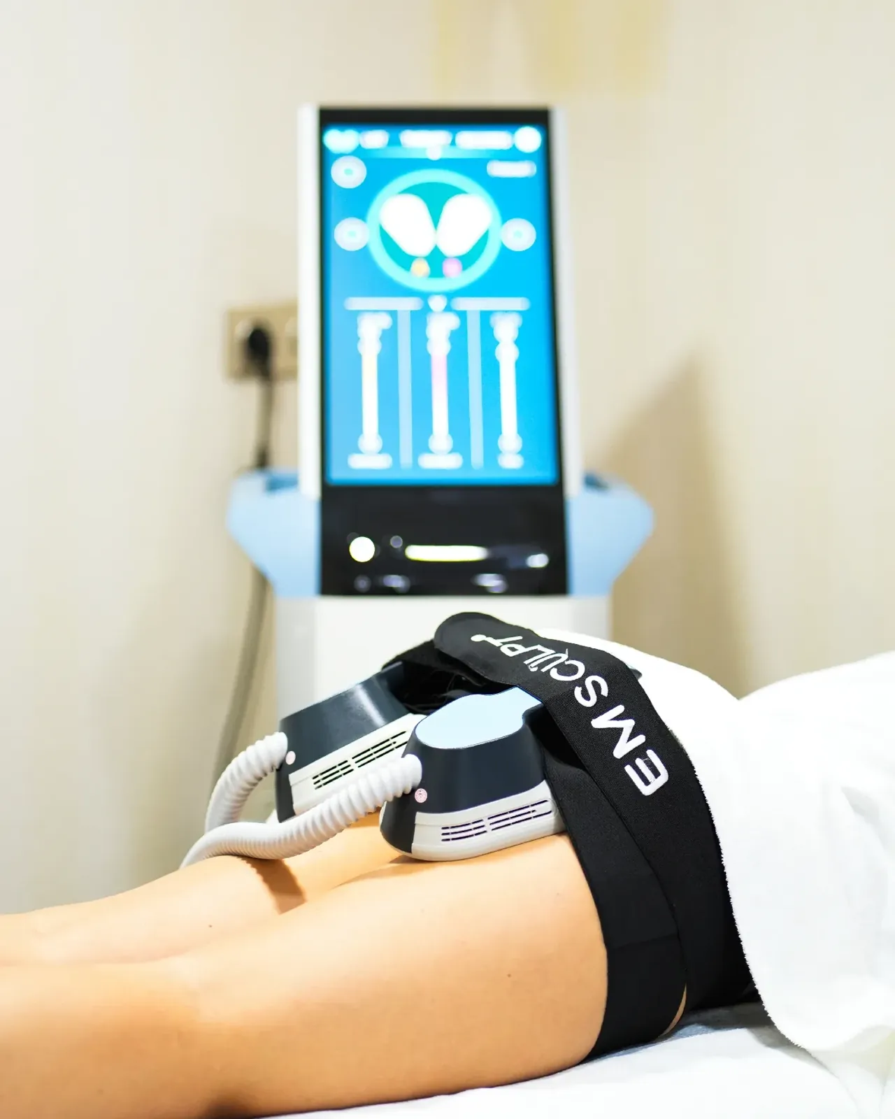 EMSculpt cihaz ekranı ve kalça bölgesine uygulama